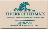 Business card for Tideknotted Mats with wave design and contact information on a beige background